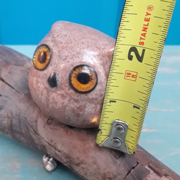 Pottery Clay Owl on Driftwood Artist Signed Glass Eyes Bird Themed Art - Picture 13 of 15